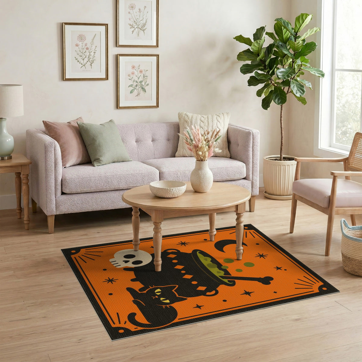 Halloween Cauldron Black Cat Orange Area Rug