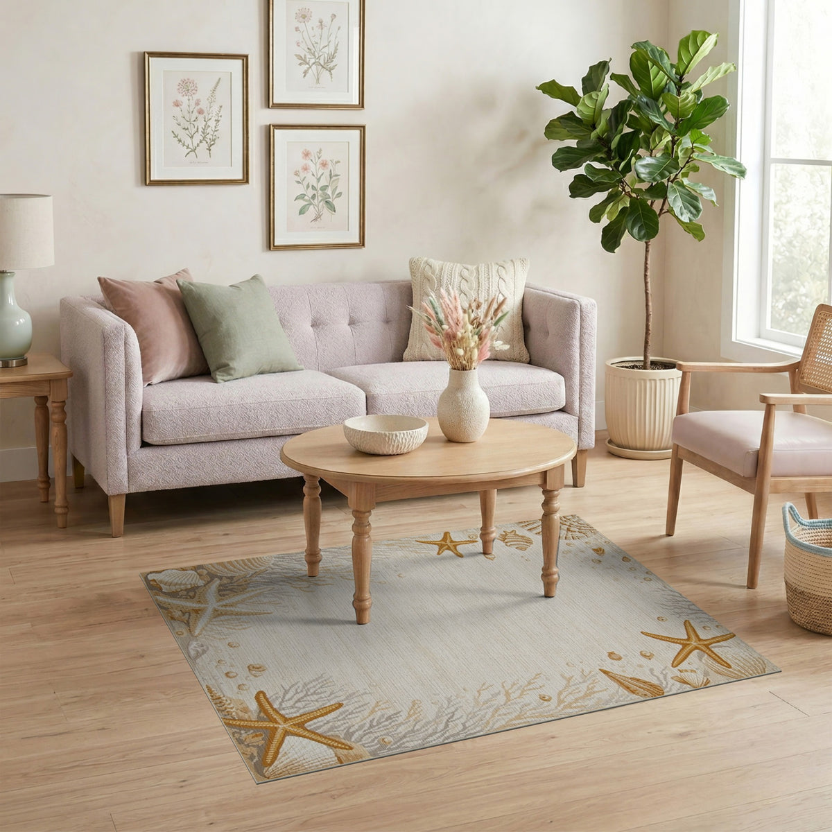 Beige and Neutral Beige Coastal Seashell Starfish Area Rug