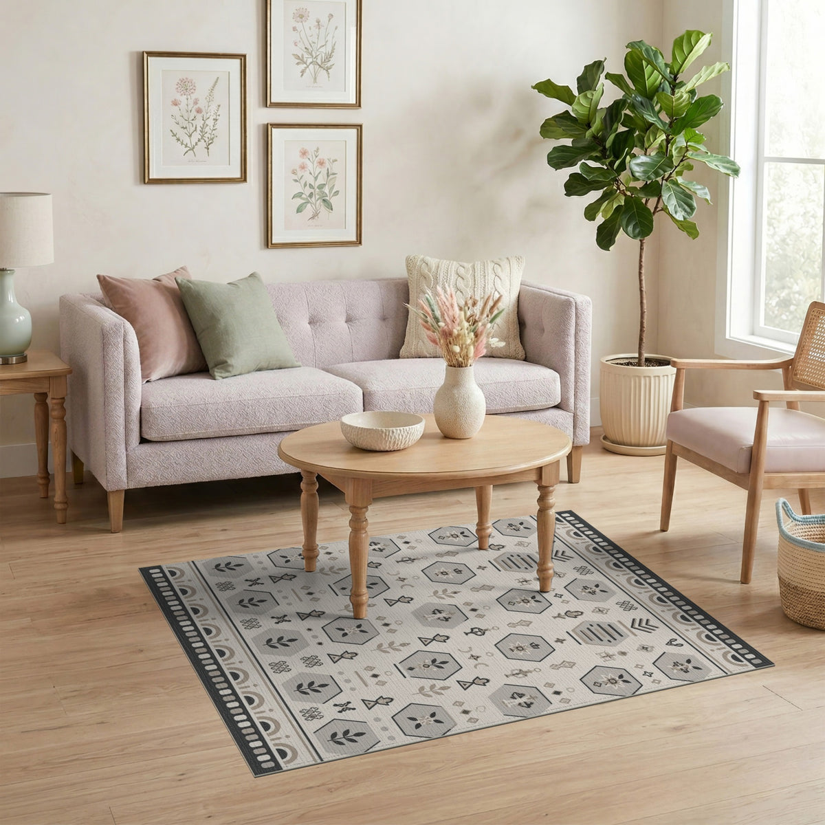 Beige Geometric Hexagon Washable Area Rug