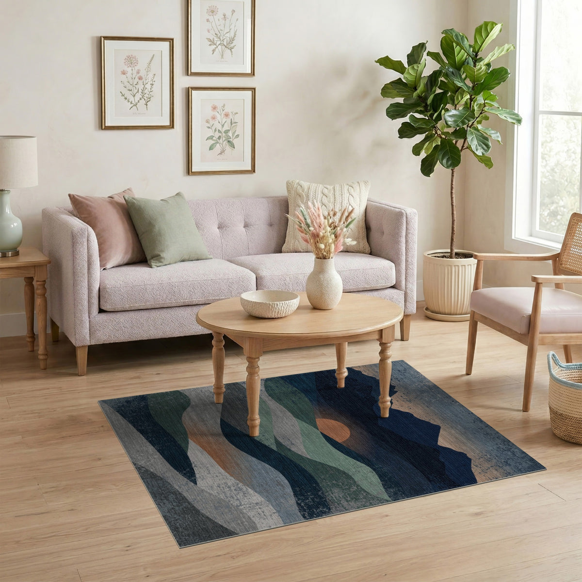 Distressed Blue Teal Mountain Sunset Area Rug