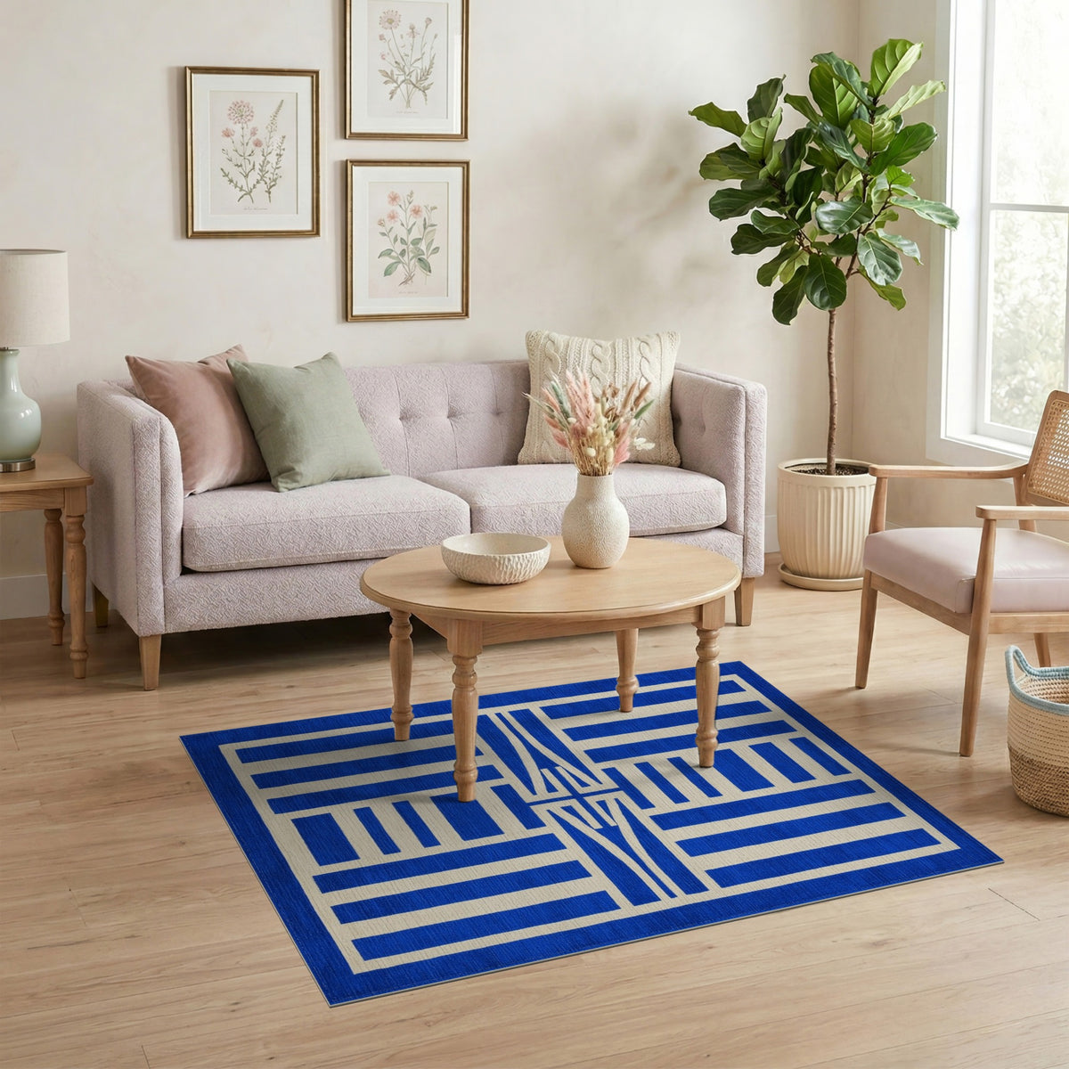 Blue Geometric Area Rug with Ivory Accents