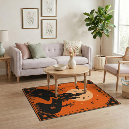 Spooky Haunted House Orange Halloween Area Rug
