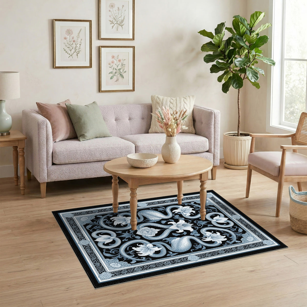 Blue and Teal Blue Serpent Floral Vintage Area Rug