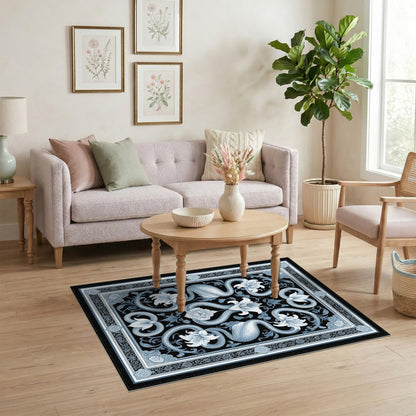Blue and Teal Blue Serpent Floral Vintage Area Rug