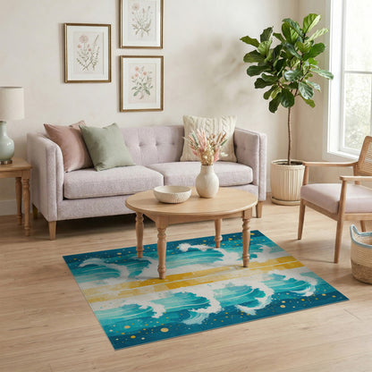 Teal Wave Stripe Coastal Area Rug