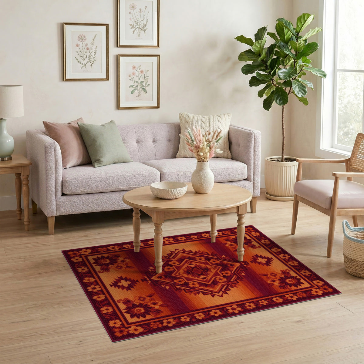 Southwestern Red Geometric Area Rug with Floral Border