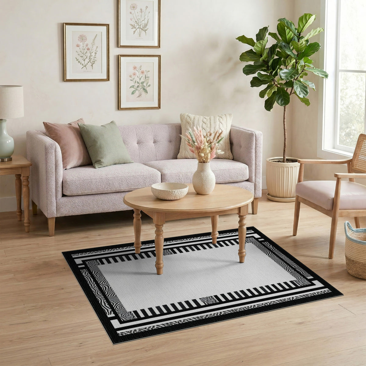 Black White Geometric Zebra Border Rug