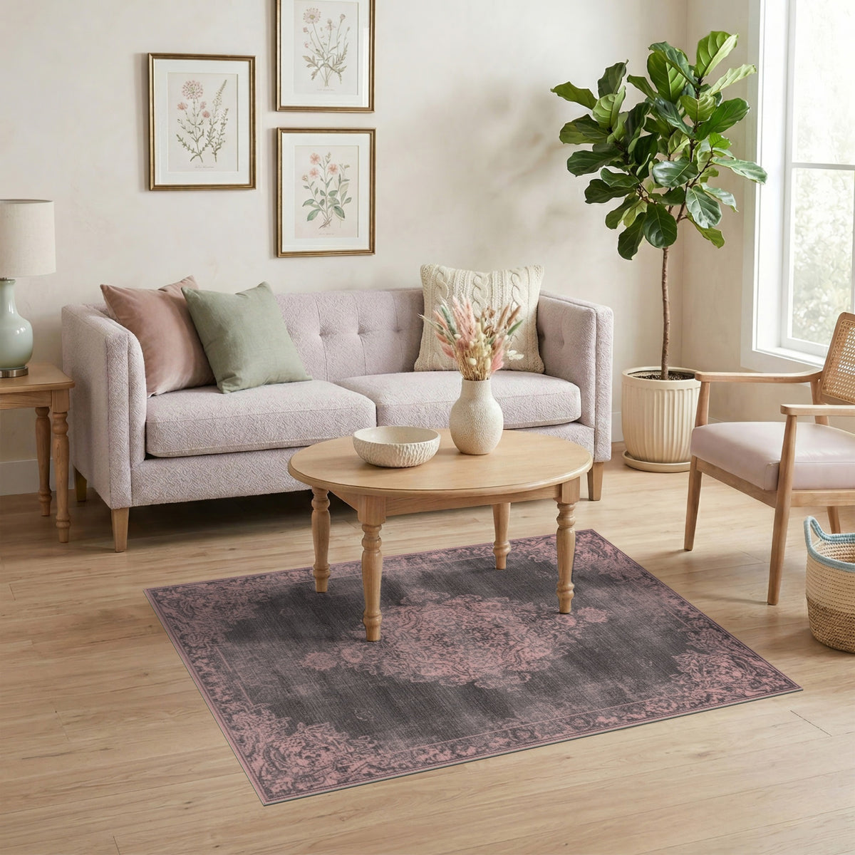 Pink Distressed Vintage Medallion Area Rug