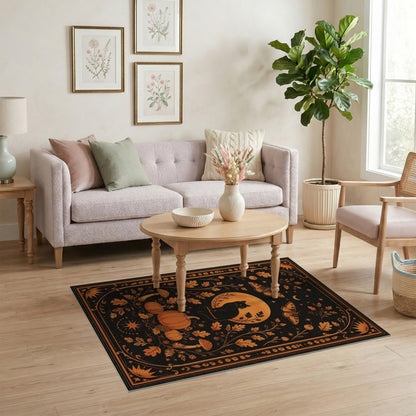 Mystical Black Cat Orange Moon Area Rug