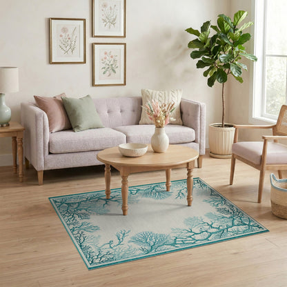 Teal Coral Coastal Area Rug