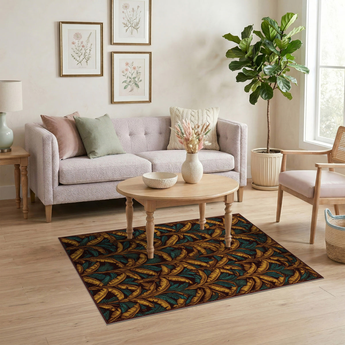 Gold Teal Leaf Boho Area Rug