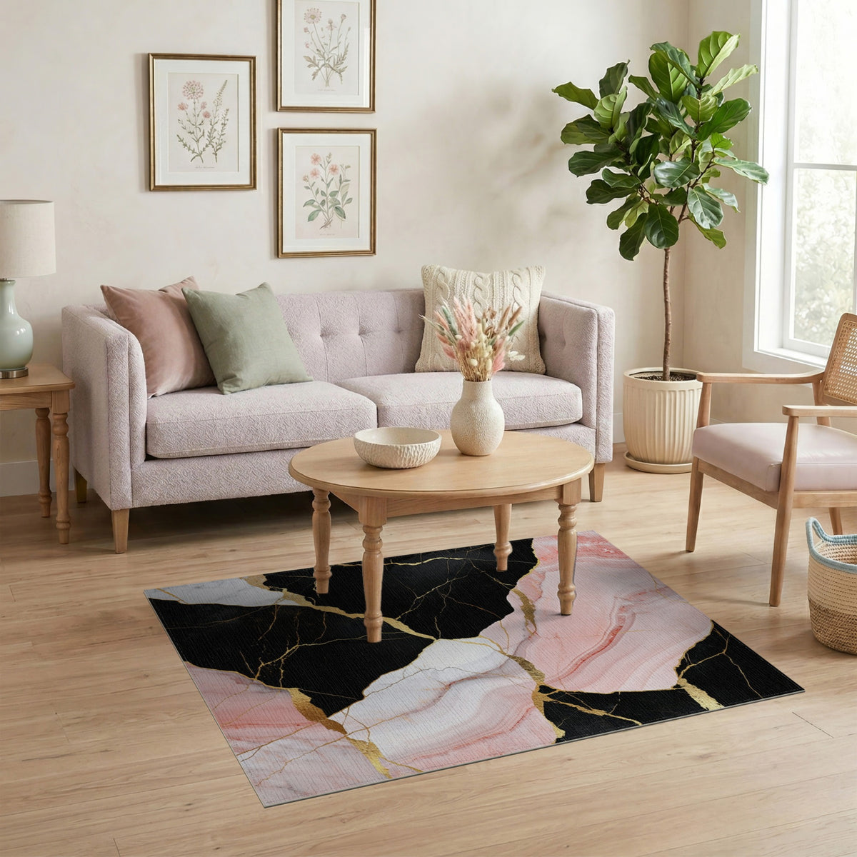 Pink Marble Gold Abstract Pink Area Rug