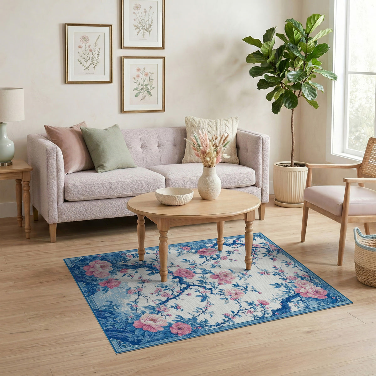 Blue Peony Floral Washable Area Rug