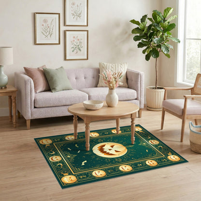 Green Halloween Pumpkin Area Rug with Gold Border