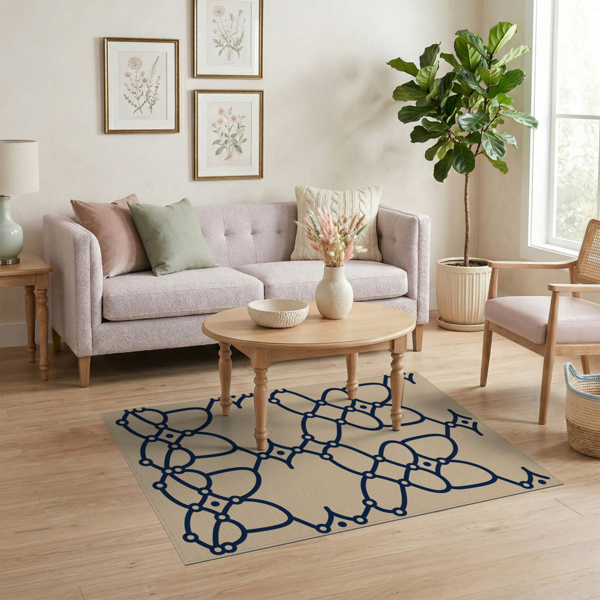 Navy Geometric Lattice Beige Area Rug