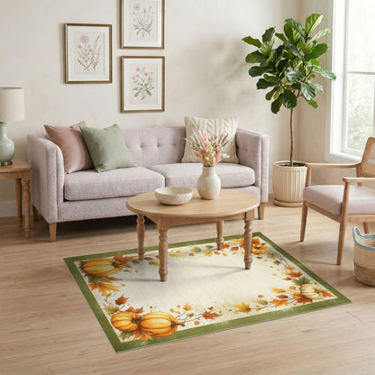 Brown and Tan Autumn Pumpkin Harvest Border Area Rug