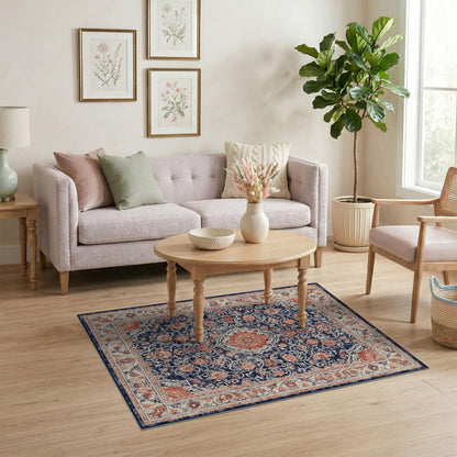 Distressed Blue Floral Medallion Area Rug