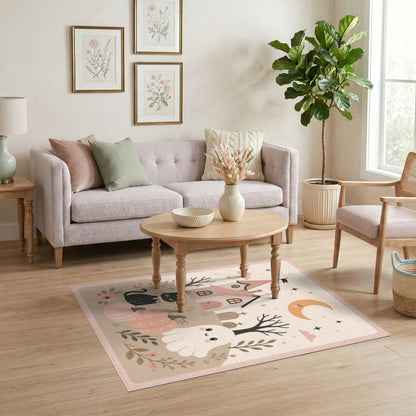 Beige and Neutral Whimsical Halloween Ghost Cat Area Rug