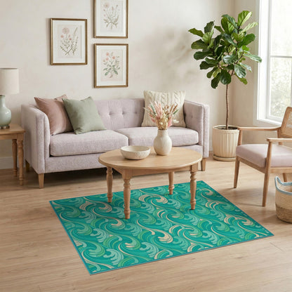 Teal Wave Swirl Washable Area Rug