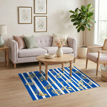 Blue Striped Gold Leaf Washable Area Rug