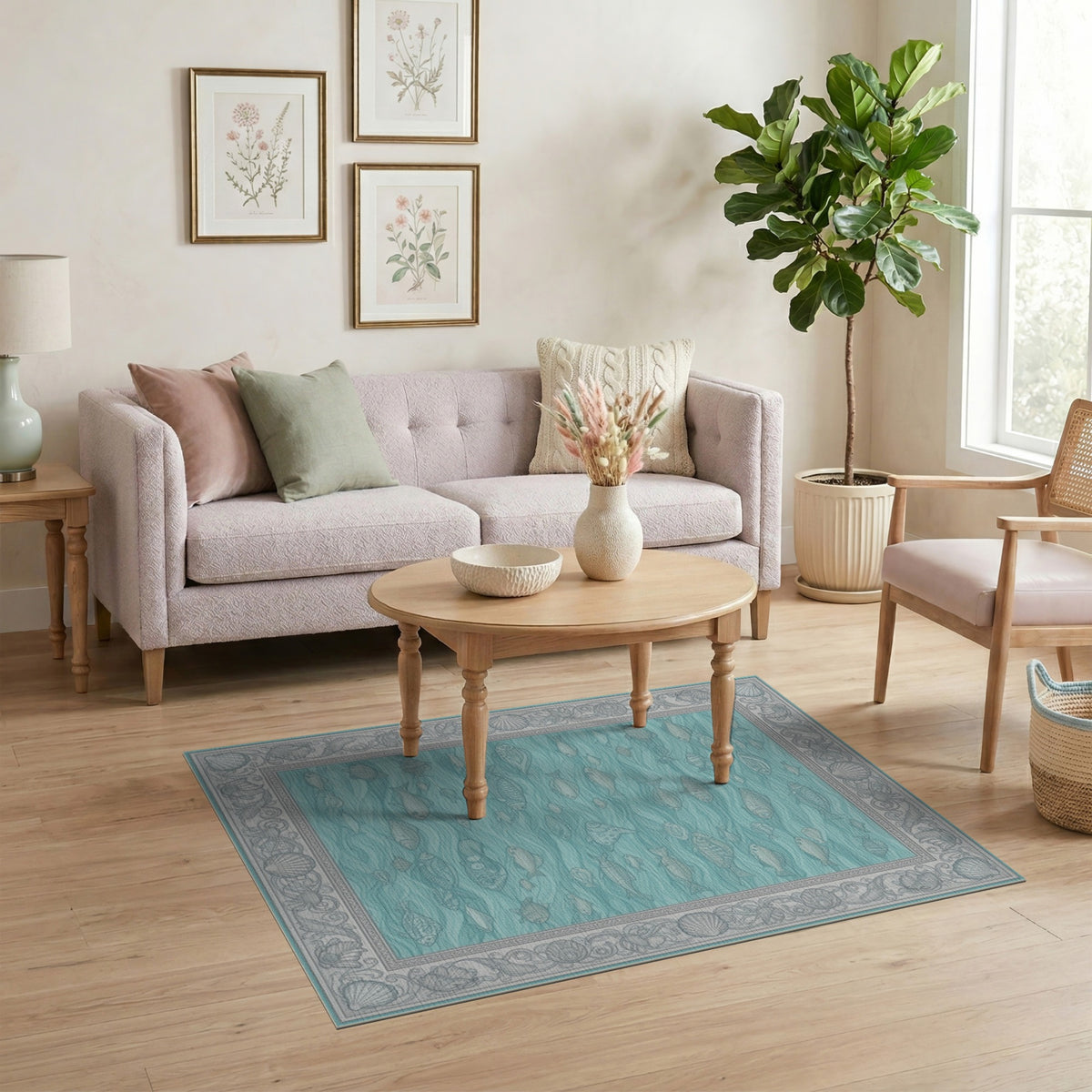 Blue Coastal Fish and Seashell Area Rug
