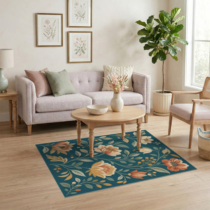 Washable Teal Floral Vintage Washable Area Rug