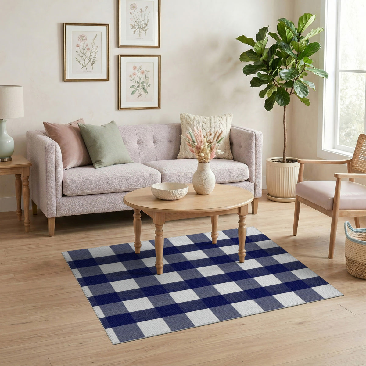 Washable Geometric Modern Navy Blue Checkered Washable Area Rug