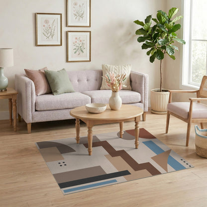 Modern Geometric Beige Area Rug with Brown Steps