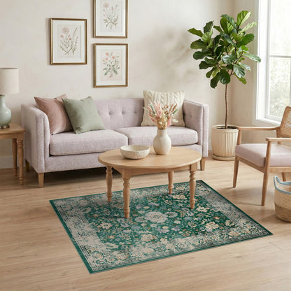 Green Floral Vintage Area Rug
