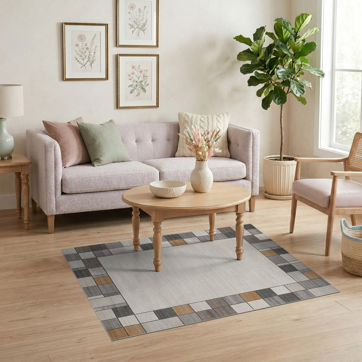 Beige Geometric Border No. 4 Area Rug