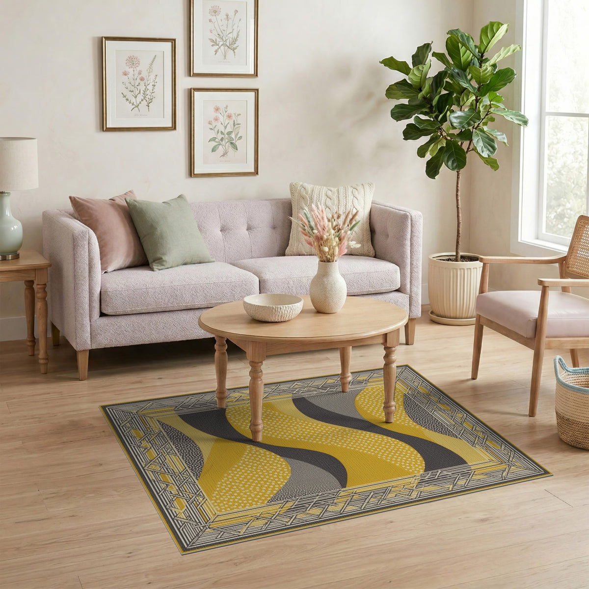 Geometric Modern Yellow Geometric Wave Area Rug