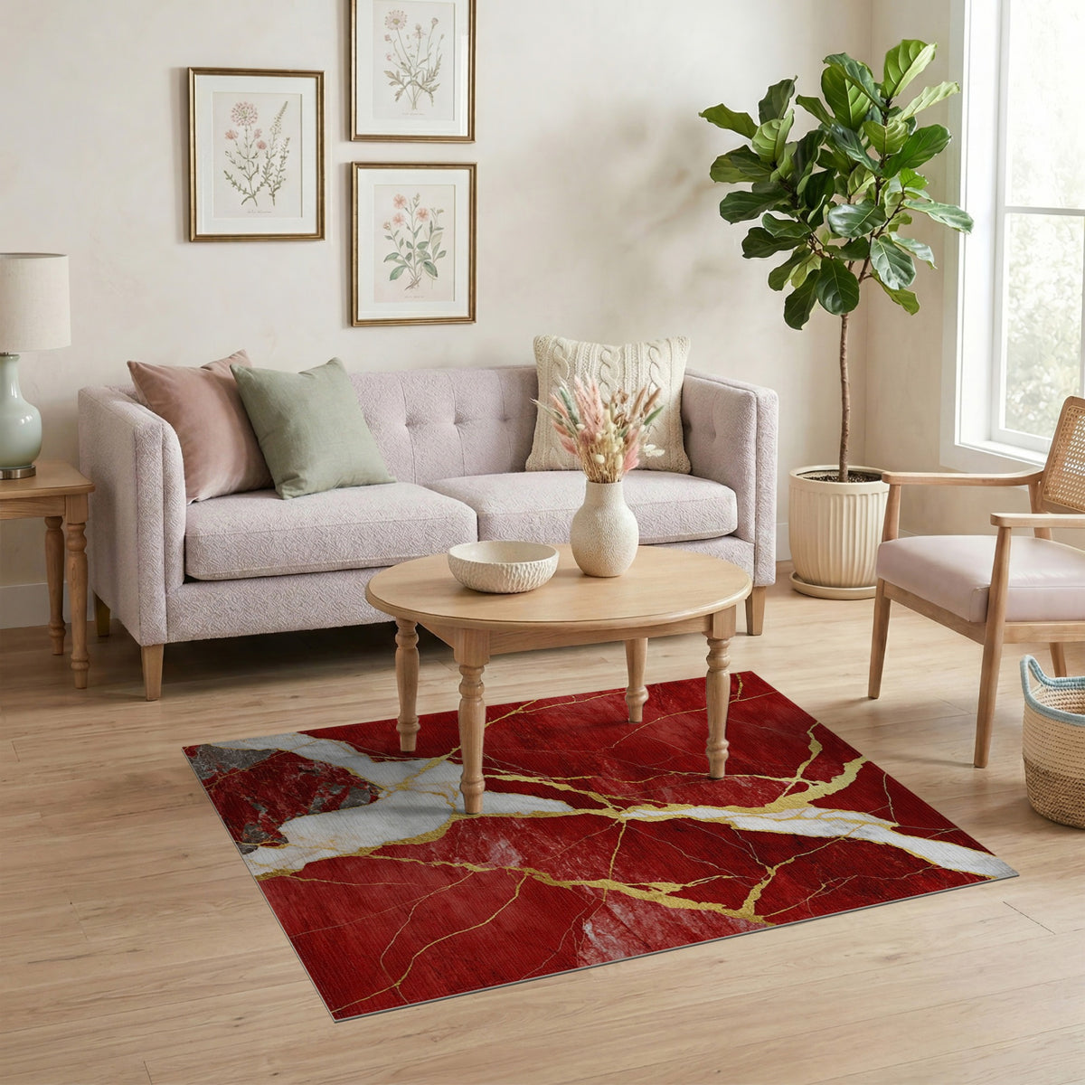 Red Marble Gold Vein Area Rug