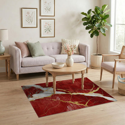 Red Marble Gold Vein Area Rug