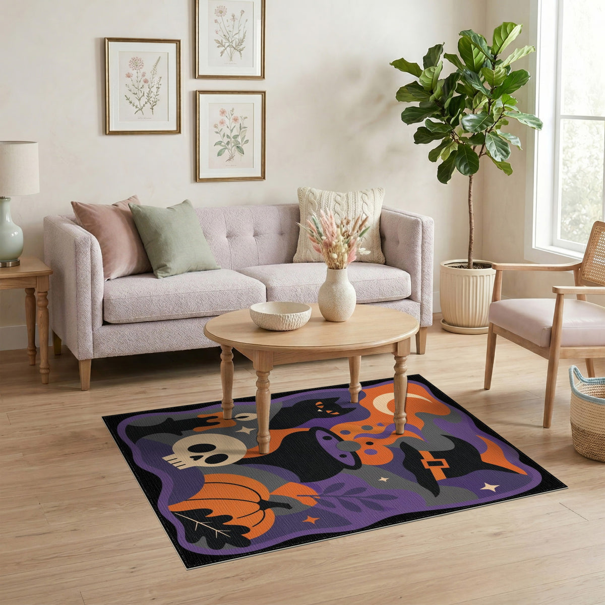 Halloween Witch Cauldron Black Cat Area Rug
