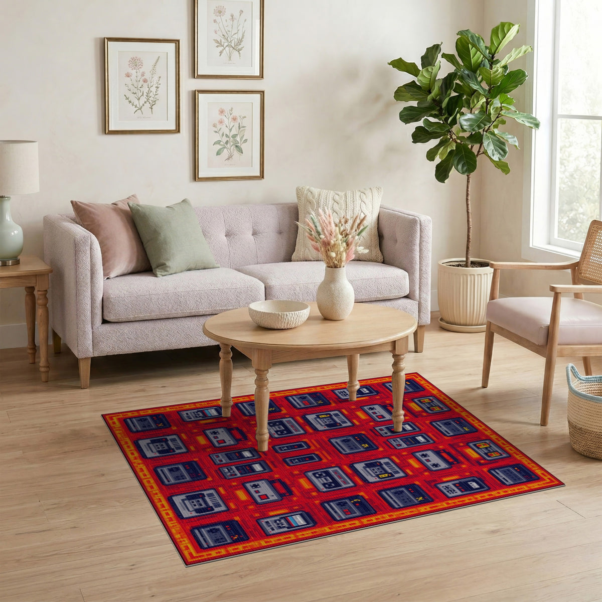 Retro Cassette Grid Red Washable Area Rug