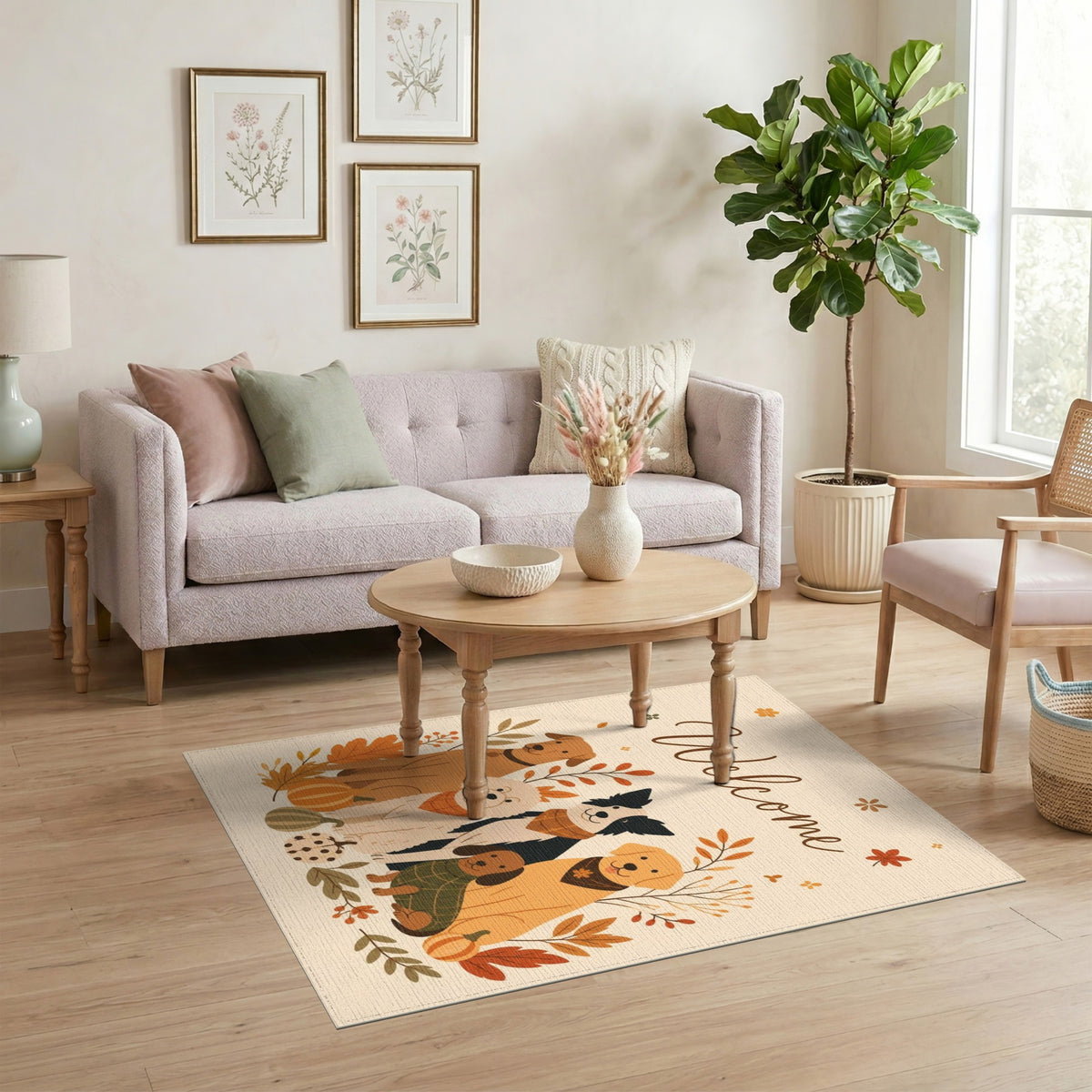 Brown and Tan Autumn Dogs Welcome Area Rug