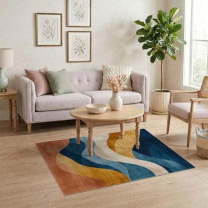 Blue Teal Abstract Wave Area Rug