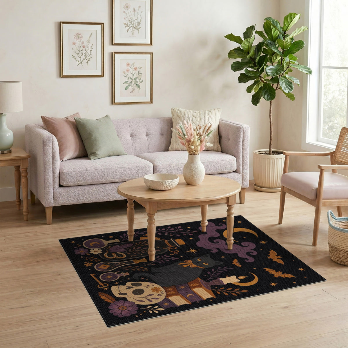 Mystic Black Cat Skull Washable Area Rug
