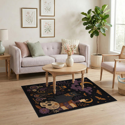 Mystic Black Cat Skull Washable Area Rug