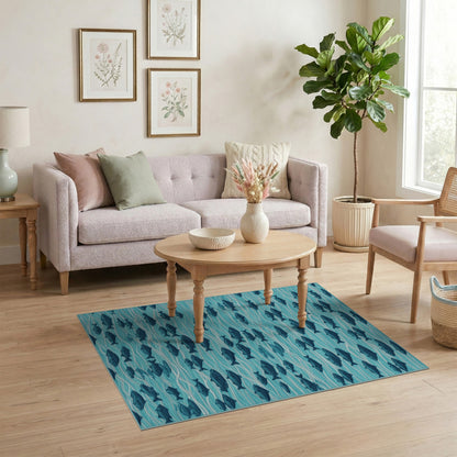 Blue Teal Fish Wave Coastal Area Rug