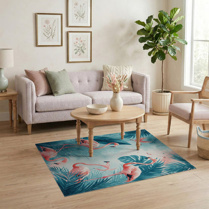Pink Flamingo Teal Coastal Washable Area Rug
