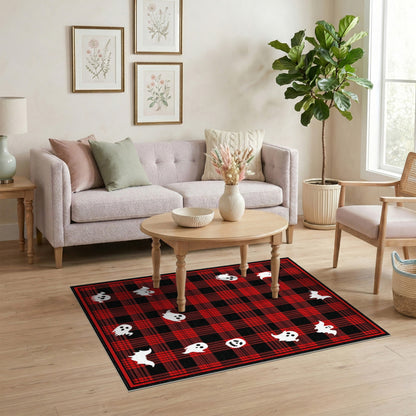 Red Plaid Halloween Ghost Bat Kids Rug