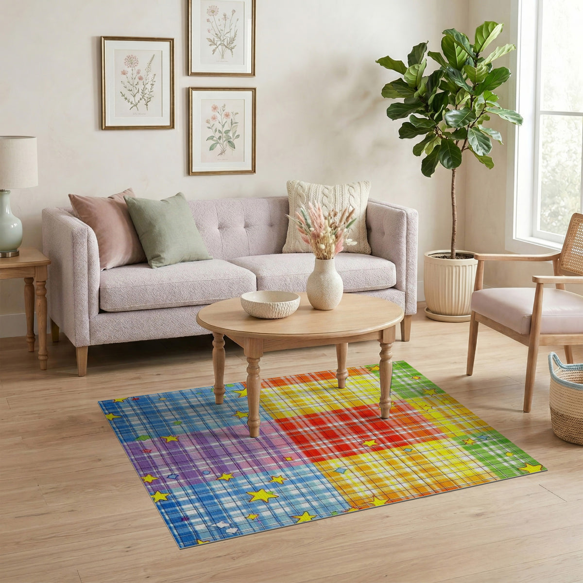 Rainbow Plaid Star Kids Area Rug