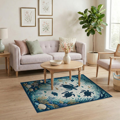 Blue and Teal Blue Teal Sea Turtle Coastal Area Rug