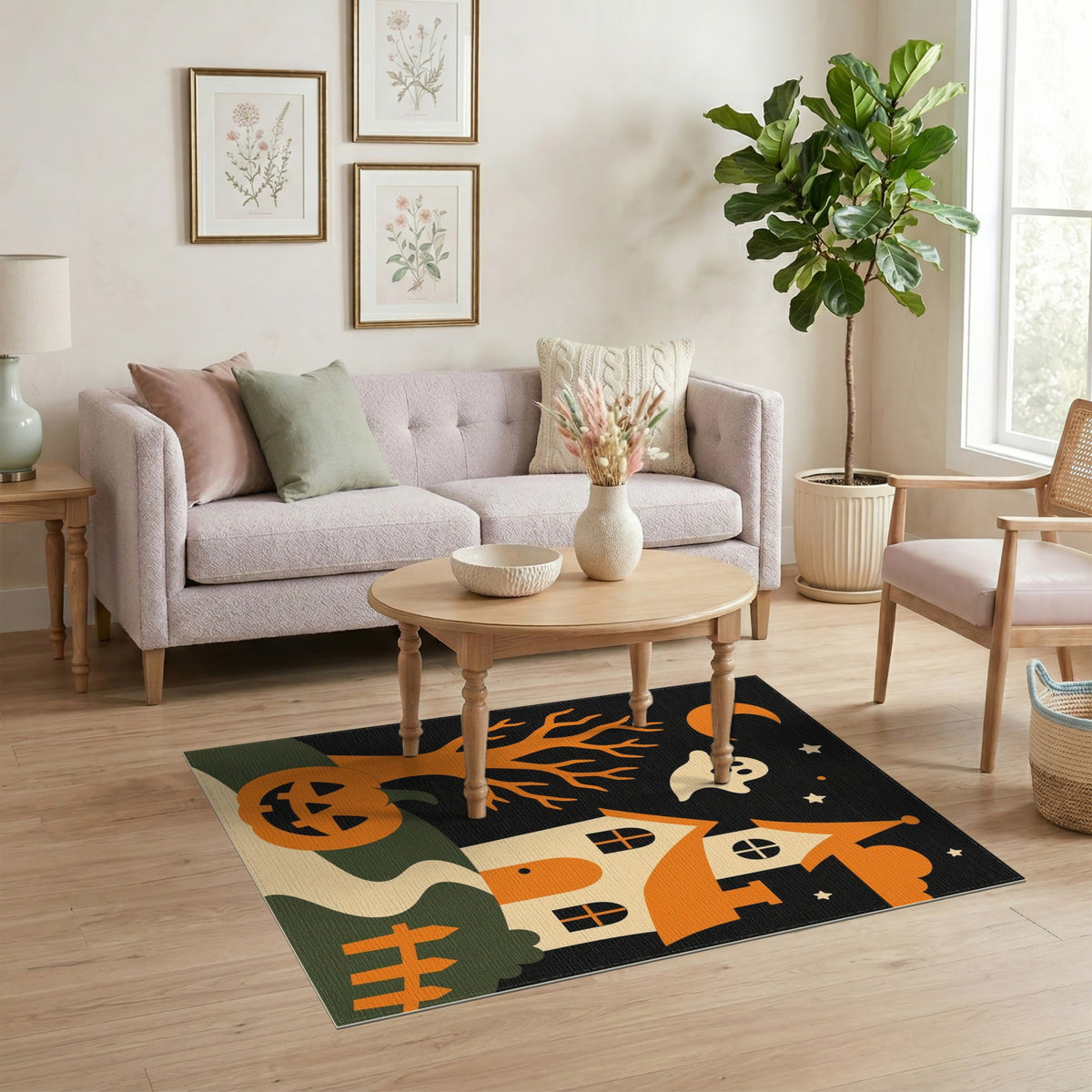 Halloween Haunted House Orange Kids Rug