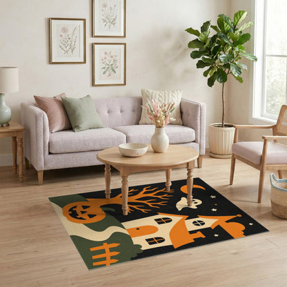 Halloween Haunted House Orange Kids Rug