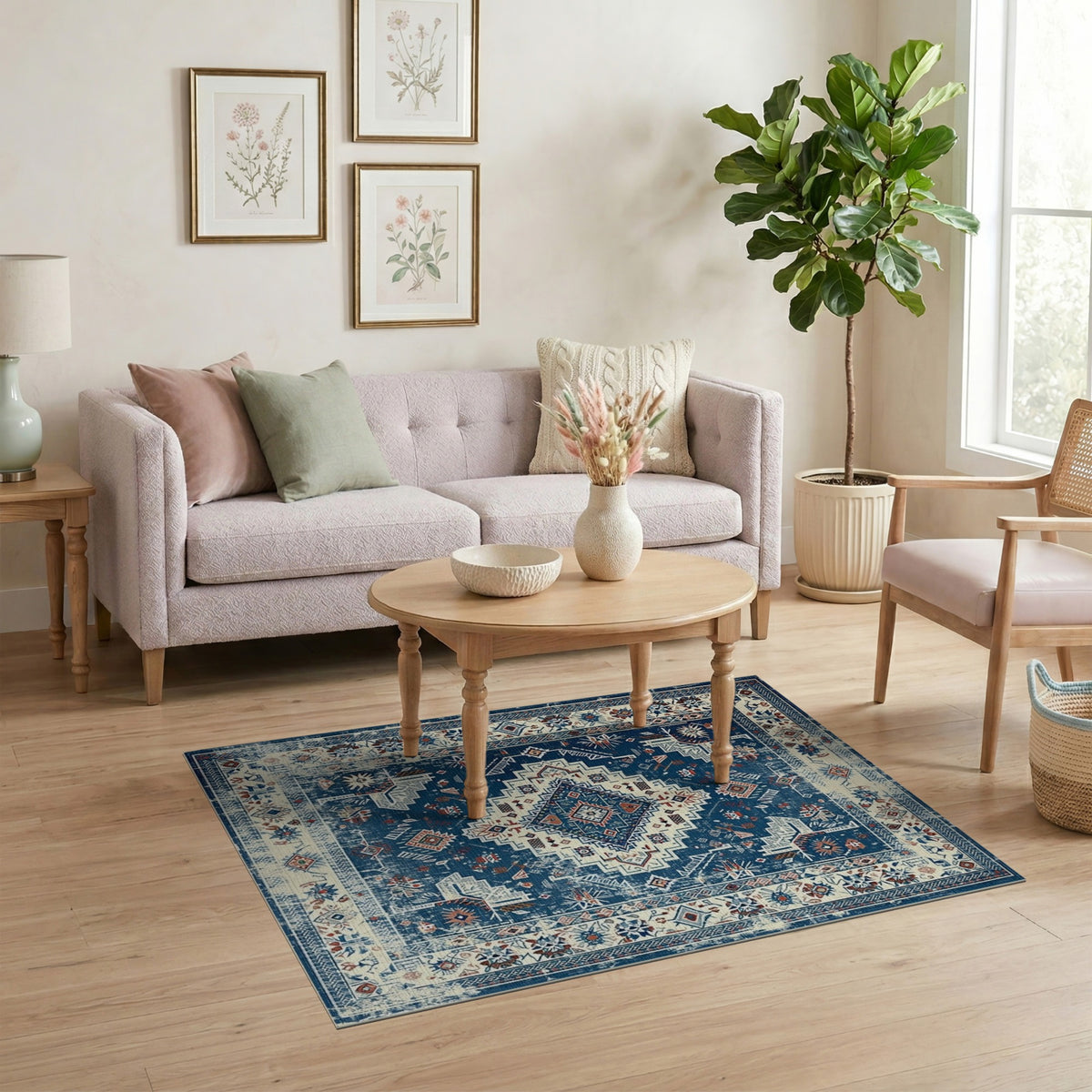 Blue and Teal Blue Distressed Tribal Area Rug