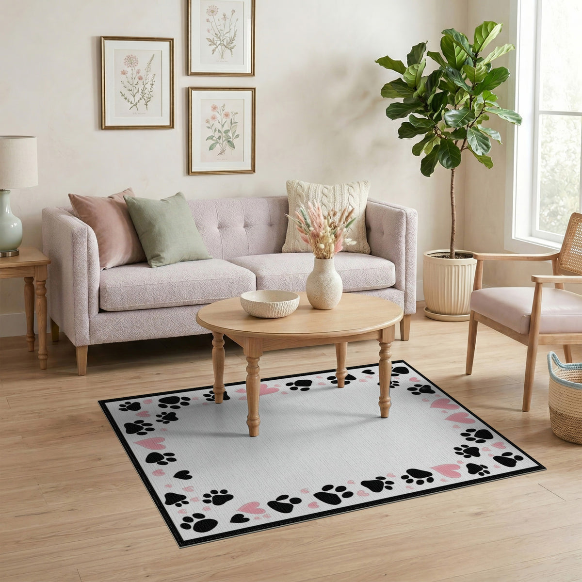 Black Paw Print Pink Heart Kids Rug