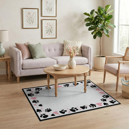 Black Paw Print Pink Heart Kids Rug