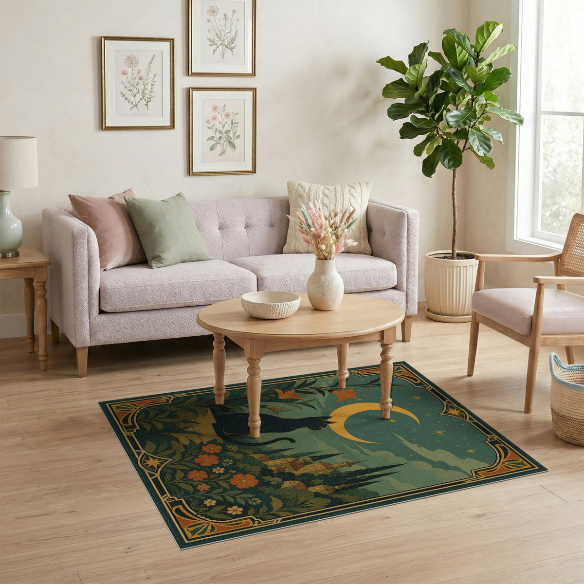 Moonlit Black Cat Floral Vintage Rug